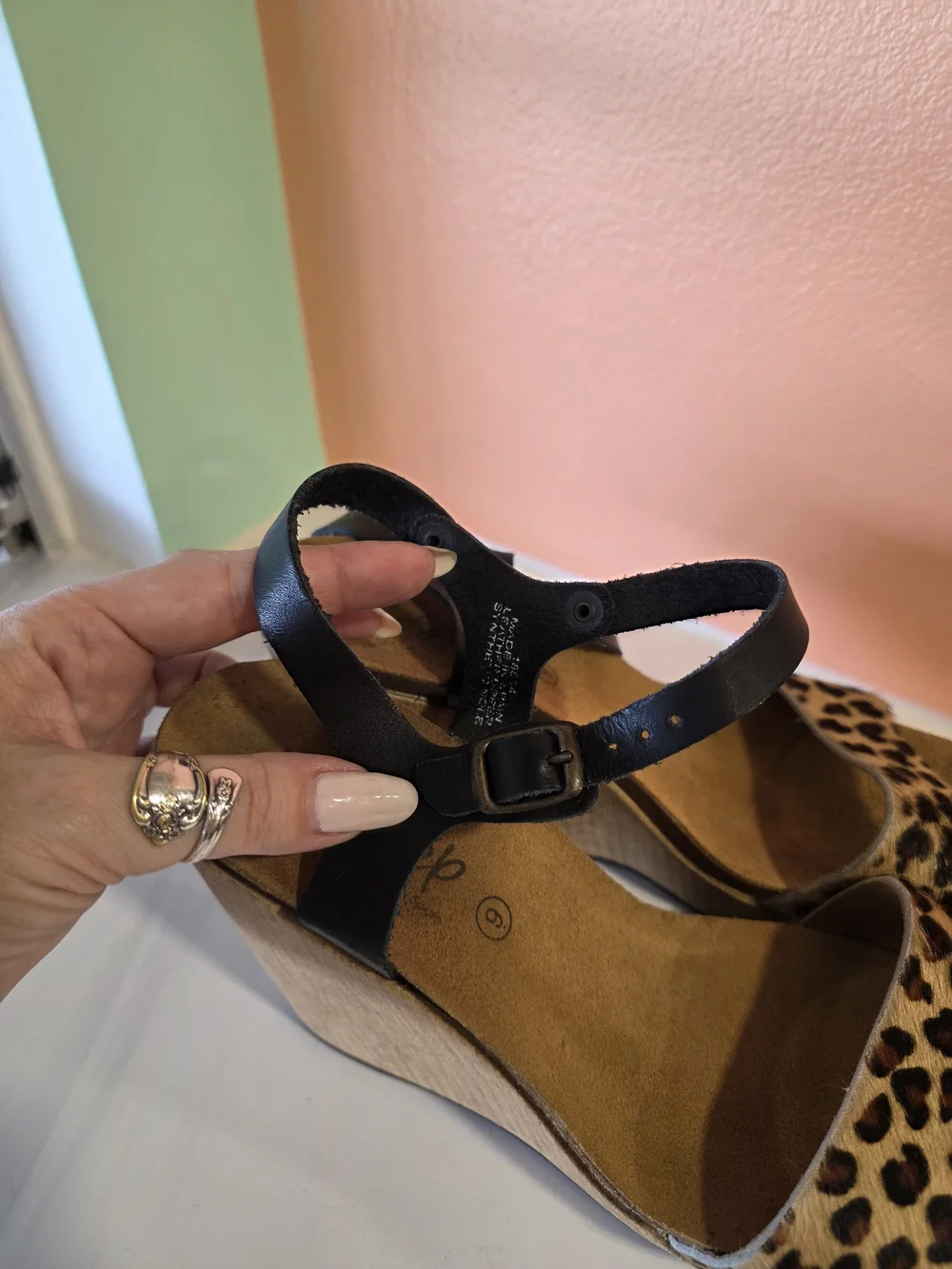 Leopard Print Wedge Sandals Biostep 9 Black Ankle Strap Boho Babe Summer